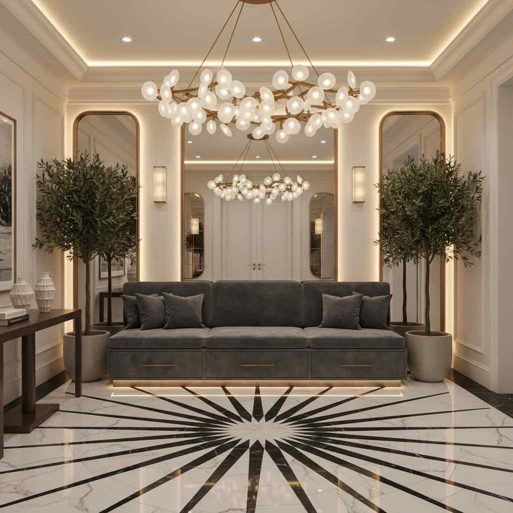Elegant foyer with patterned black-and-white tile flooring