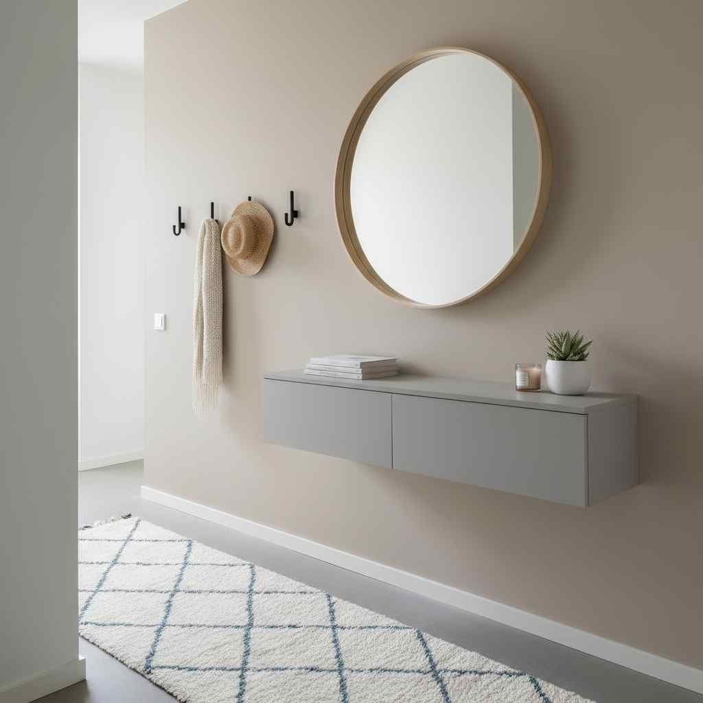 Small apartment hallway entrance featuring floating shelf