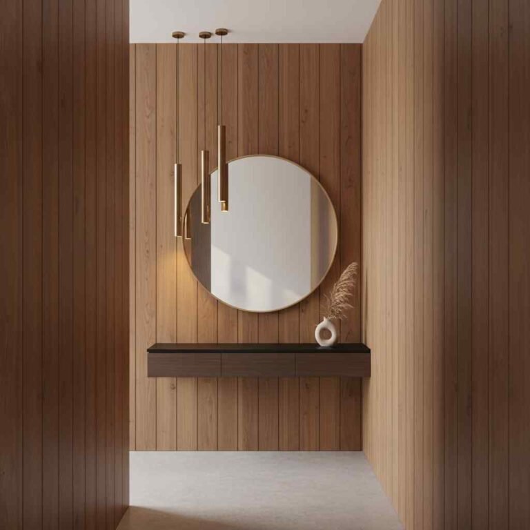 narrow modern Hallway Entrance Ideas with vertical wood paneling