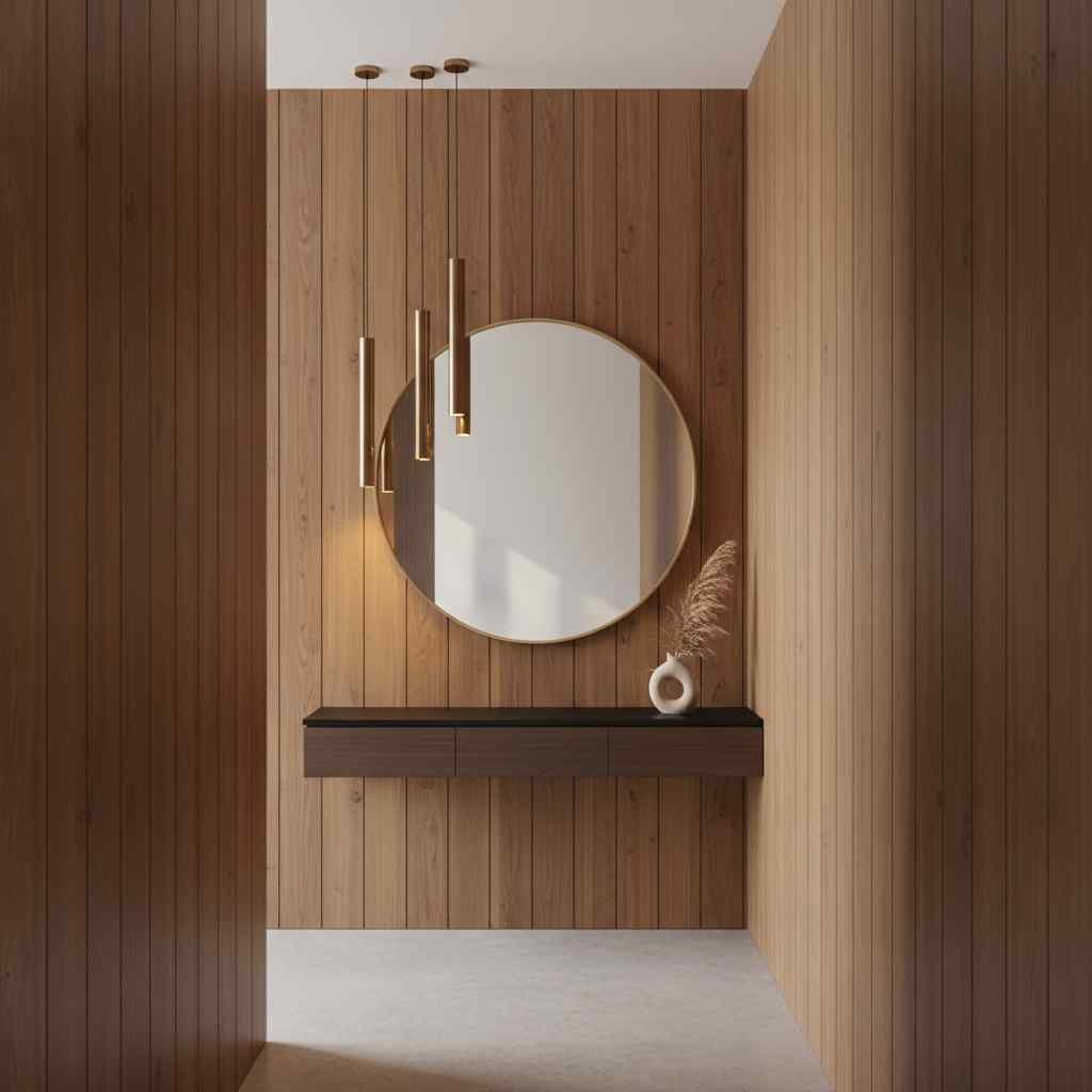 narrow modern Hallway Entrance Ideas with vertical wood paneling