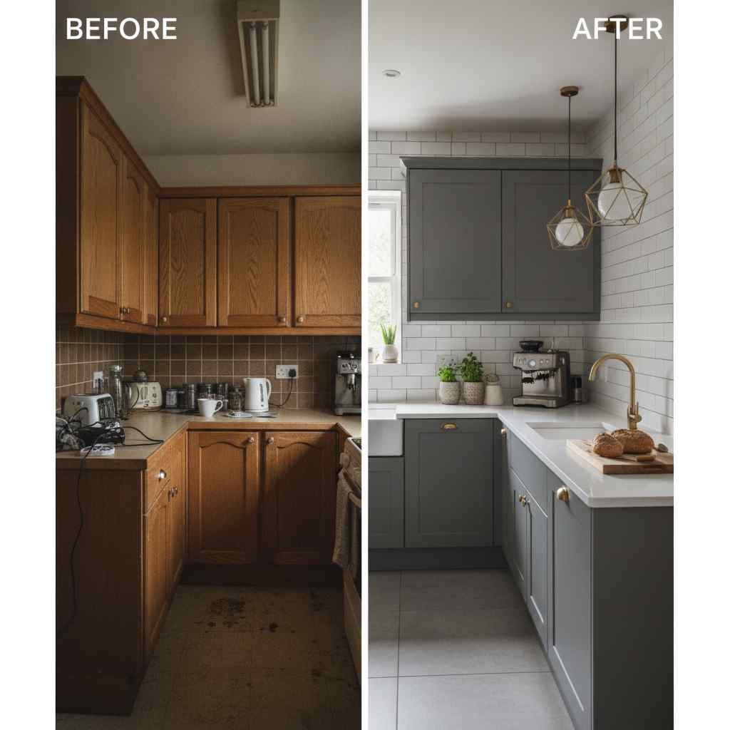 Before and after split scene showing a dated kitchen transformed Before-and-after split scene showing a dated kitchen transformed