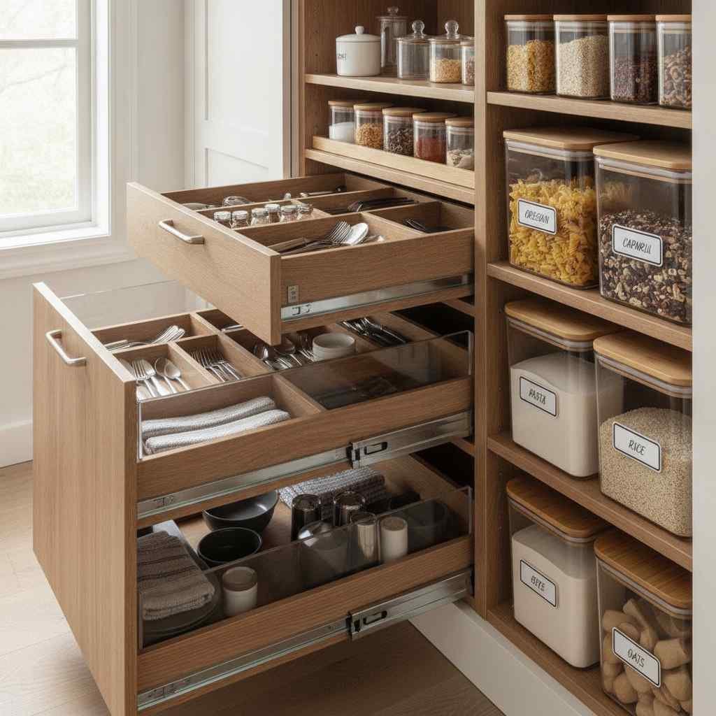 Close up of beautifully organized kitchen drawers Close-up of beautifully organized kitchen drawers