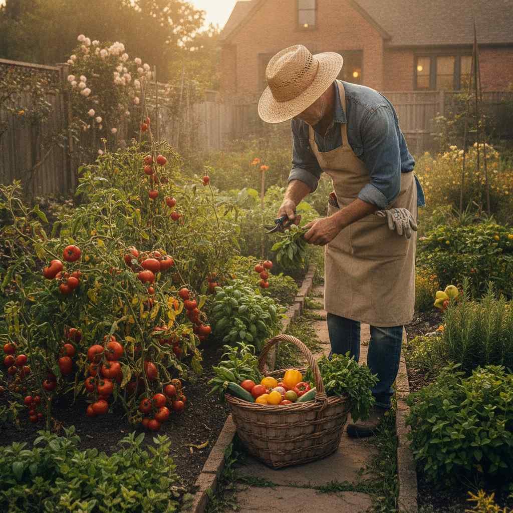 Experienced gardener harvesting ripe tomatoes